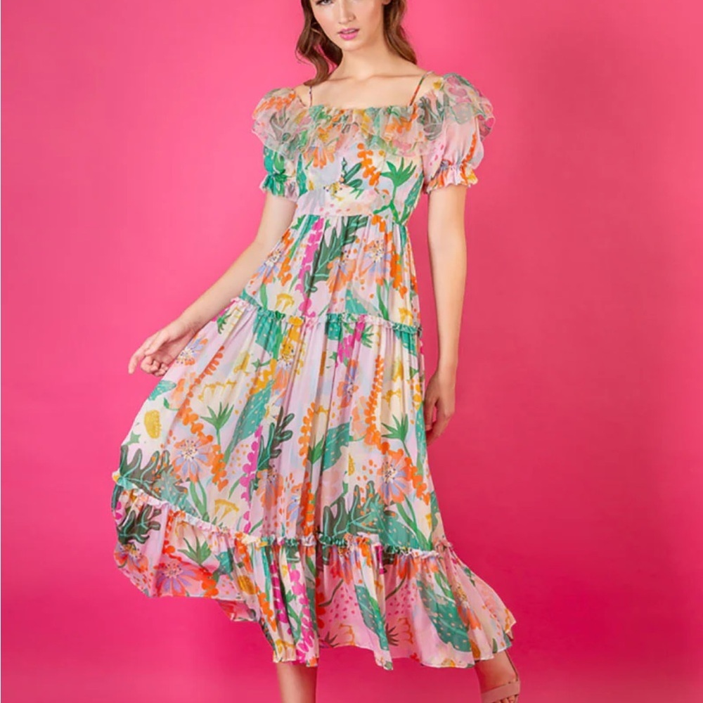 Jessie Liu Summer Floral Tiered Silk Midi Dress Size Medium